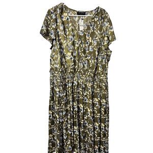 Lane Bryant‎ Dress 20 Olive Green Floral Print Flutter Sleeve Smocked Waist Midi